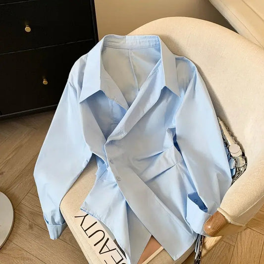 Irregular Long Sleeve Polo Blouse