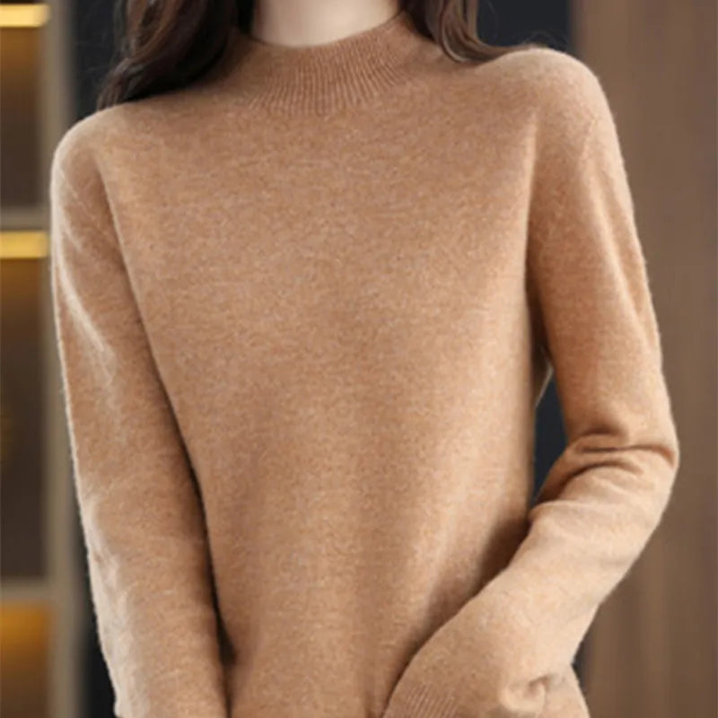 Mock Neck Cashmere Sweater Long Sleeve Loose Fit Pullover