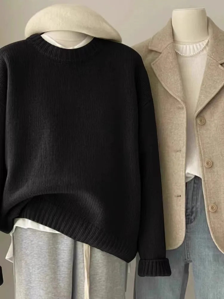 Round Neck Cashmere Sweater Long Sleeve Loose Fit Pullover