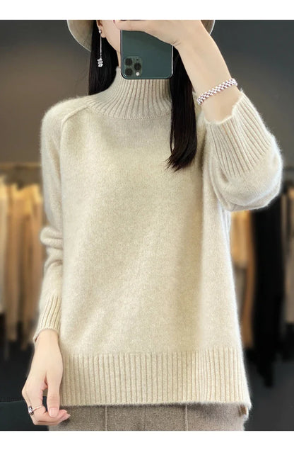 Turtleneck Cashmere Sweater Raglan Sleeve Loose Fit Pullover
