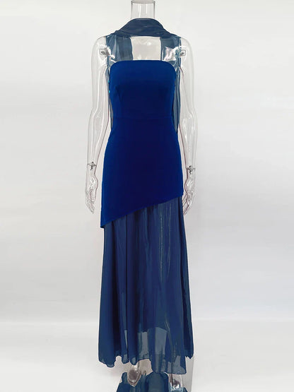 Strapless Mesh Maxi Dress Sleeveless Ribbon Patchwork Beach Vacation