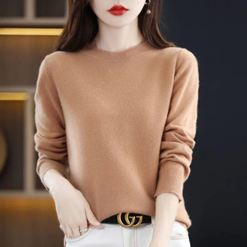 Round Neck Crochet Knit Sweater Long Sleeve Loose Fit Pullover