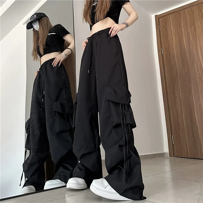 Mid Waist Cargo Pants Loose Fit Big Pockets Elastic Waist Ankle Length