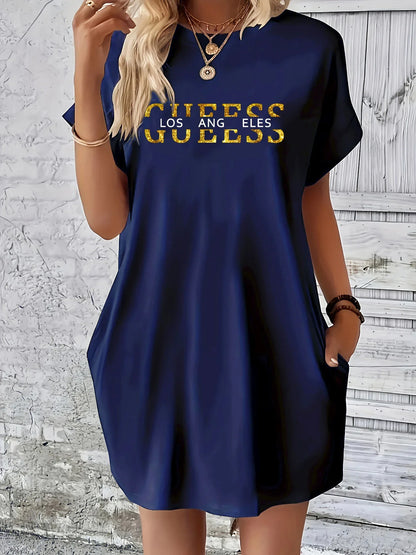 Letter Print Round Neck Short Sleeve Pocket Dress