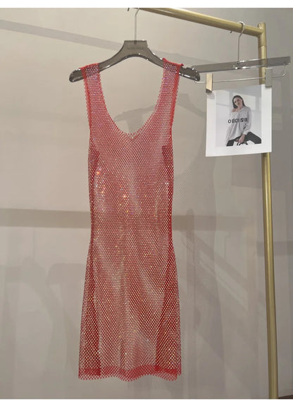 Sexy Sleeveless Skeleton Glitter Rhinestone Dress Mesh See Through Round Neck Midi Party Dress