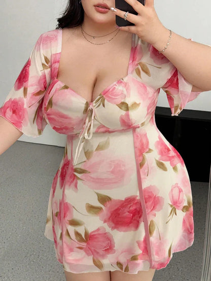Short Ruffle Sleeve V-Neck Floral Print Waistband Loose Fit A-Line Knee-Length Dress Plus Size Office Lady