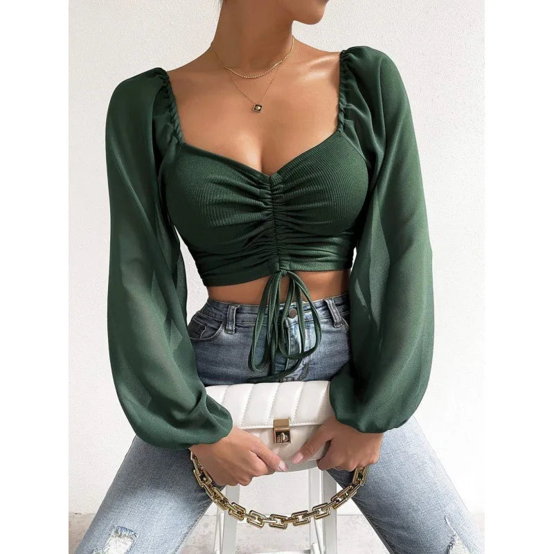 Chiffon Puff Sleeve V-Neck Shirring Top