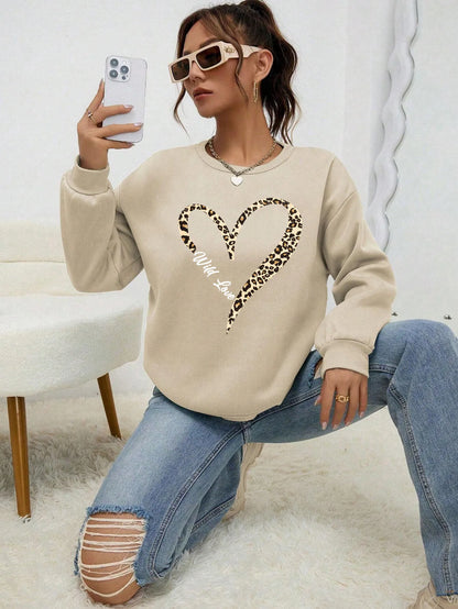 Round Neck Cartoon Print Sweatshirt Long Sleeve Loose Fit with Fur Liner