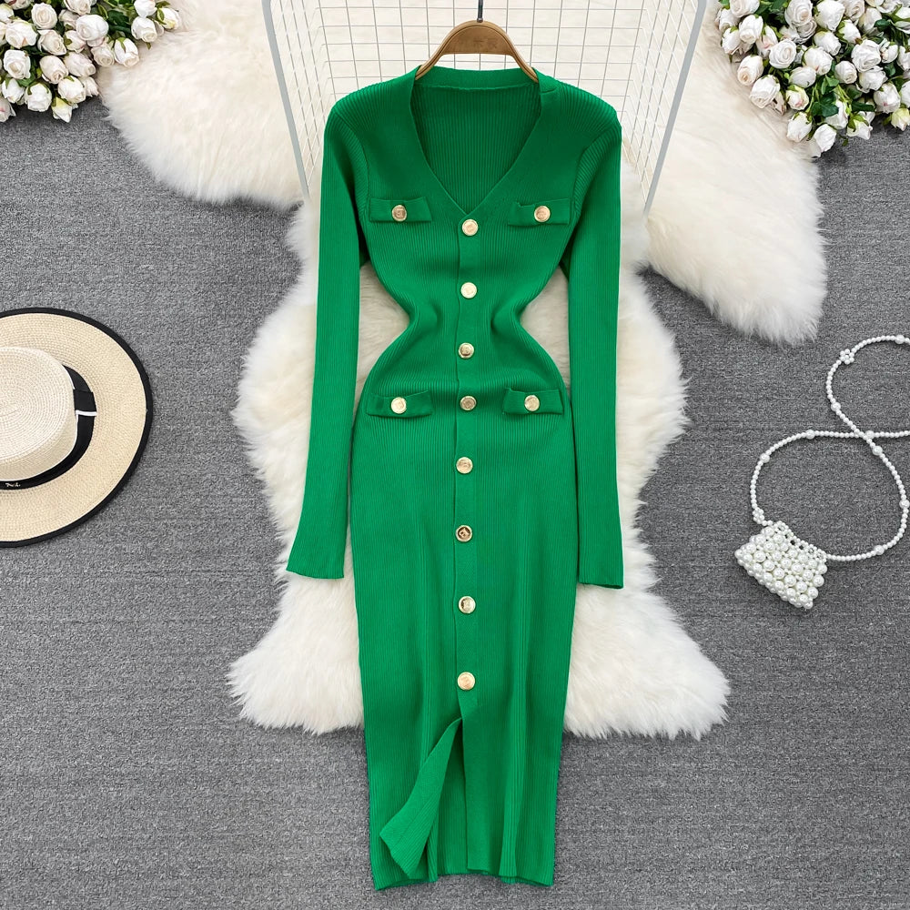 REALEFT Autumn Winter V-Neck Women's Knitted Dresses 2024 New Single Breasted Long Sleeve Solid Front Split Midi Dresses Female