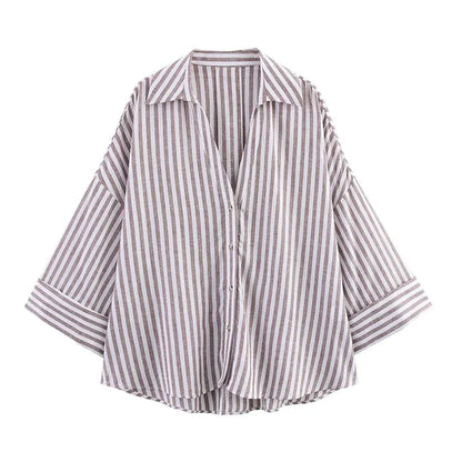 Women's Wide Sleeve Linen Shirt - Asymmetric Hem Button-Up Blouse