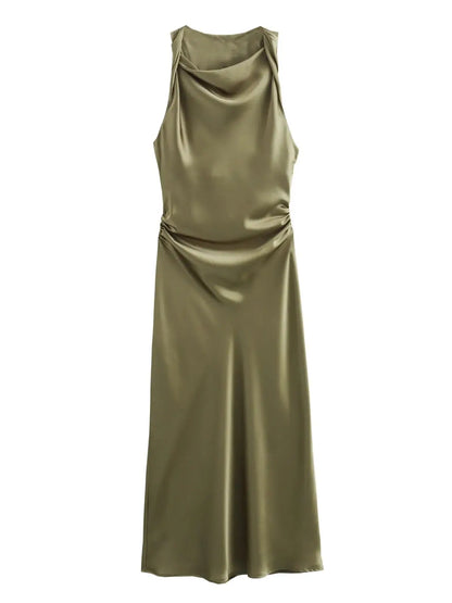 Satin Twisted Armhole Waist Gathered Midi Dress