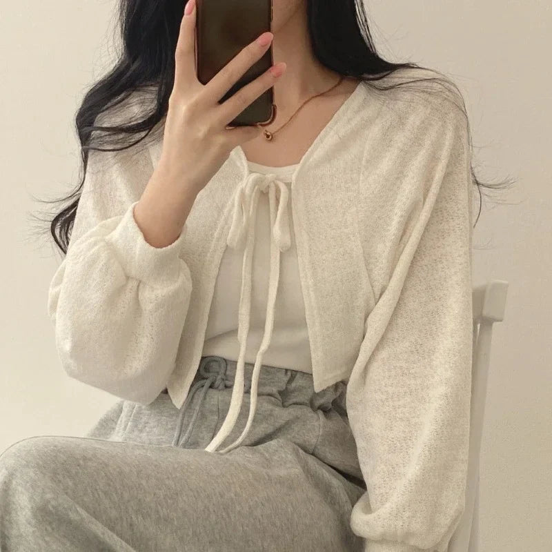 Women's Sunscreen Crop Cardigan - Lace-Up Knit Cover Up