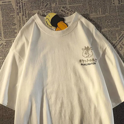 Japanese Retro Pocket Cat Print Oversized Tee