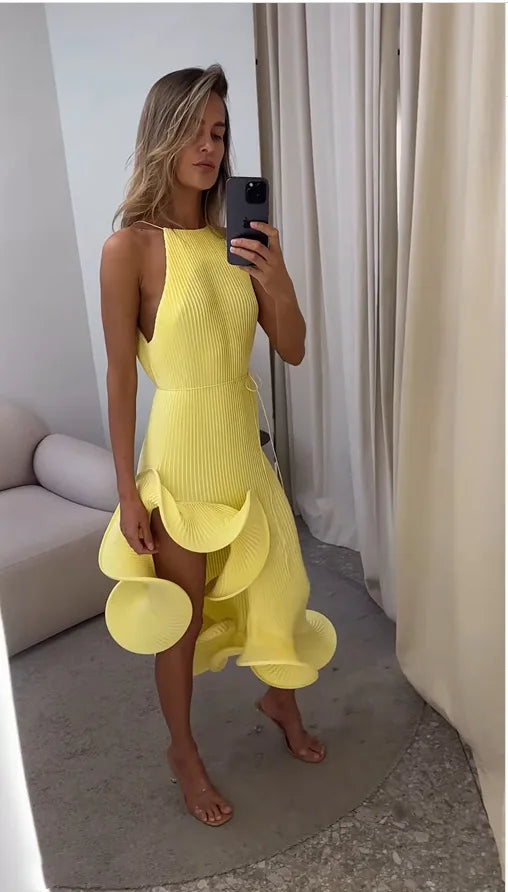 Elegant Irregular Ruffle Halter Dress Women Sleeveless Off-Shoulder Lace-Up Midi Gown Evening Party Dress