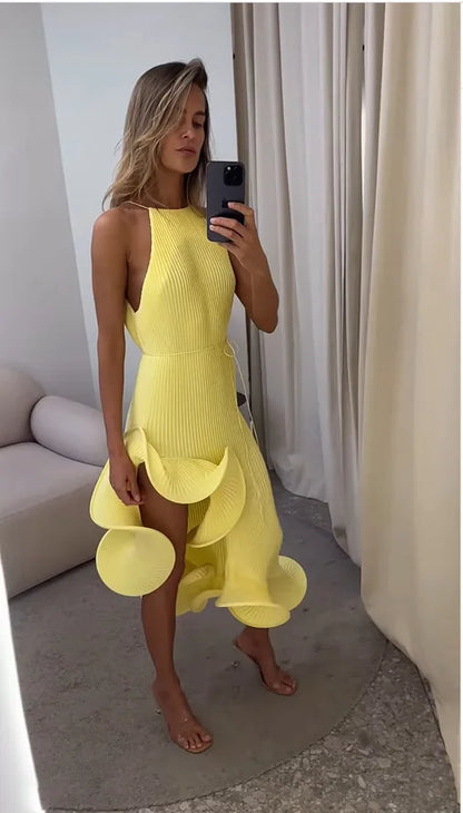 Elegant Irregular Ruffle Halter Dress Women Sleeveless Off-Shoulder Lace-Up Midi Gown Evening Party Dress