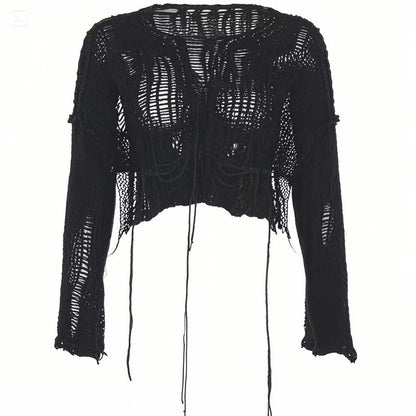 Round Neck Hollow-Out Ripped Cropped Knit Top Long Sleeve Loose Fit