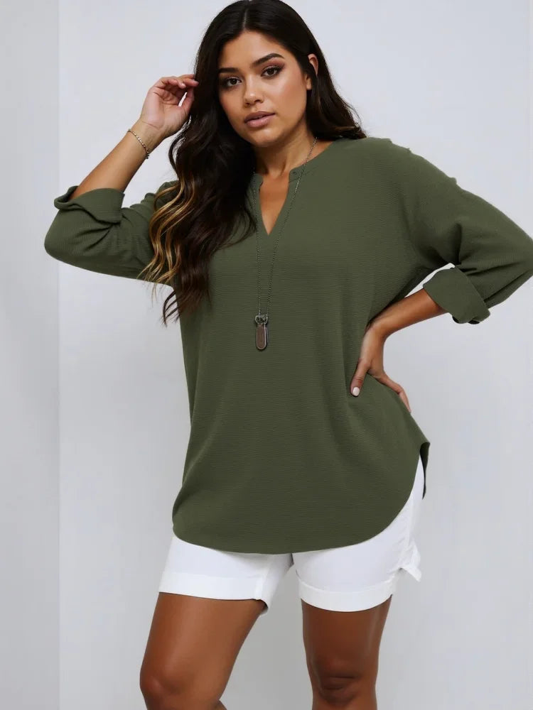 Plus Size Casual Tops Women Loose Long Sleeve V-Neck T-Shirts