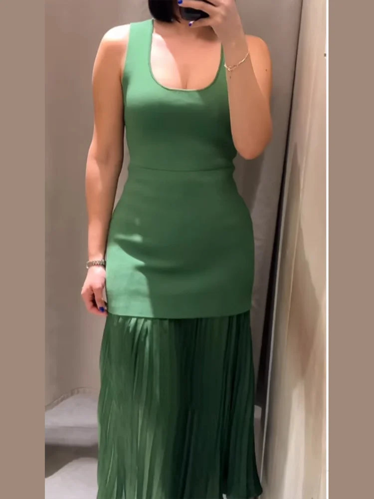Women's Chic Splicing Maxi Dress - Half Sleeve Pleated A-Line Dress