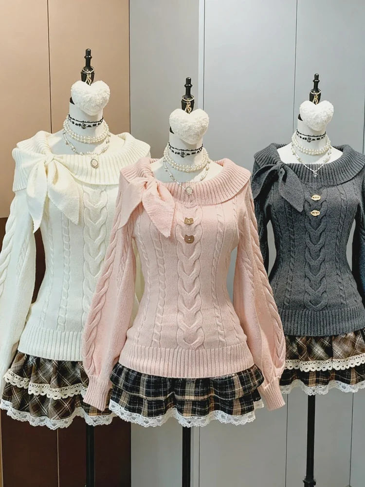 V-Neck Lace Knit Sweater Long Sleeve Loose Fit Pullover with Bow Detail