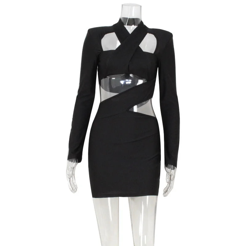 Sexy Club Mini Dress Solid Hollow Out V-Neck Long Sleeves Bodycon Slim Fit Streetwear
