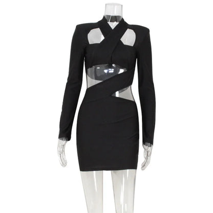 Sexy Club Mini Dress Solid Hollow Out V-Neck Long Sleeves Bodycon Slim Fit Streetwear