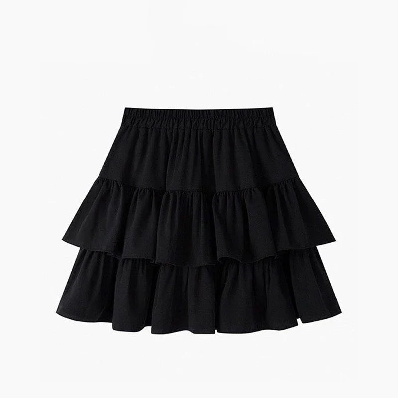 Pleated A-Line Skirt Women White Ruffle Sweet Tierred Pretty Style Skirt Elastic Waist Summer Slim Basic Korean Harajuku Dress