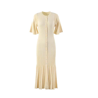 Knitted Mermaid Midi Dress Round Neck Hollow Slimming Fishtail