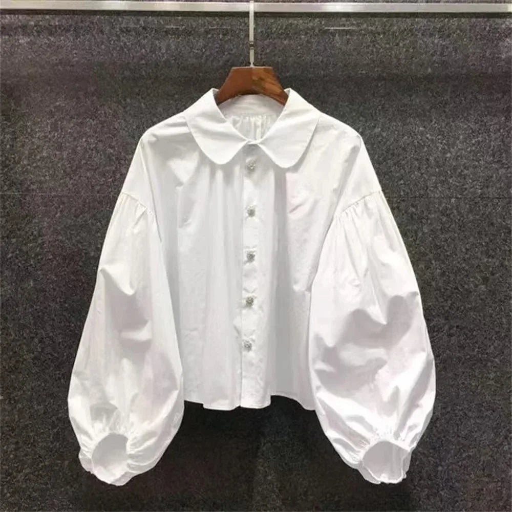 Vintage Peter Pan Collar Blouse Women Puff Sleeve White Shirt Korean Fashion