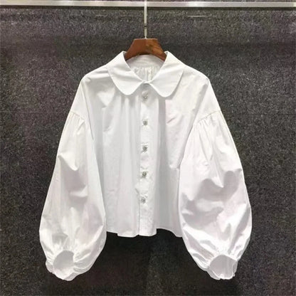 Vintage Peter Pan Collar Blouse Women Puff Sleeve White Shirt Korean Fashion