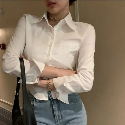 Chiffon Button-Up Blouse with Pockets