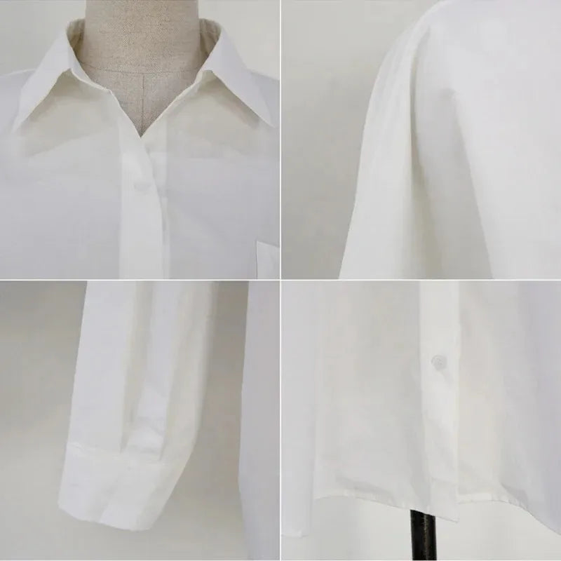 Turn-Down Collar Long Sleeve Cotton Blouse