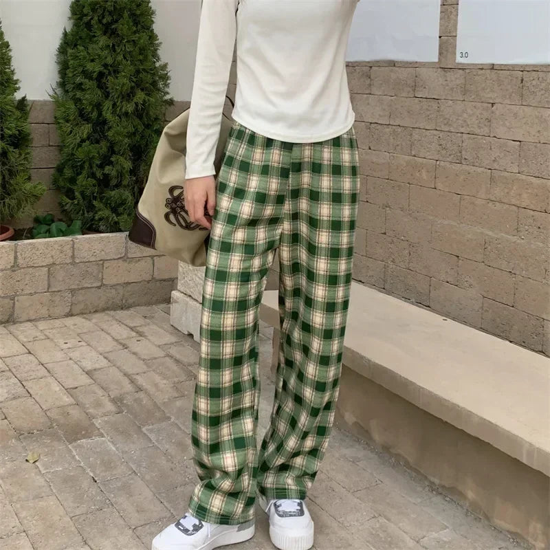 Plaid Wide Leg Plush Pants Warm Cashmere Loose Mid Waist Casual