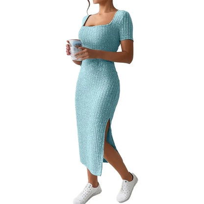 Square Neck Knitted Slit Dress Mid-Calf Sleeveless Hip-Hugging