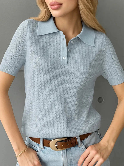 Lapel Short Sleeve Knit Loose Pullover Tee