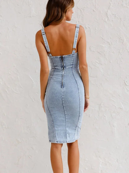 U-Neck Halter Denim Wrap Hip Split Dress
