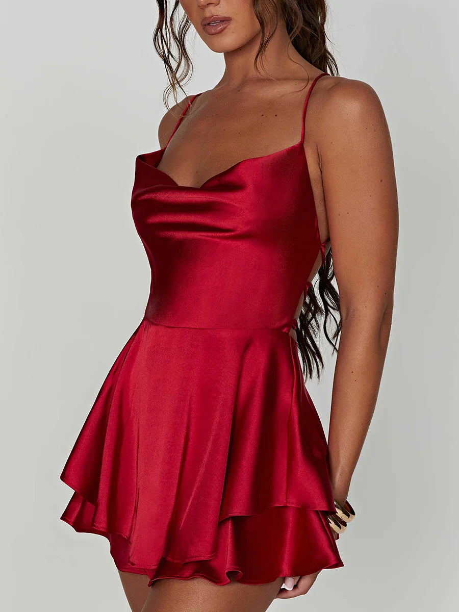 Satin Cowl Neck Backless Cami Romper