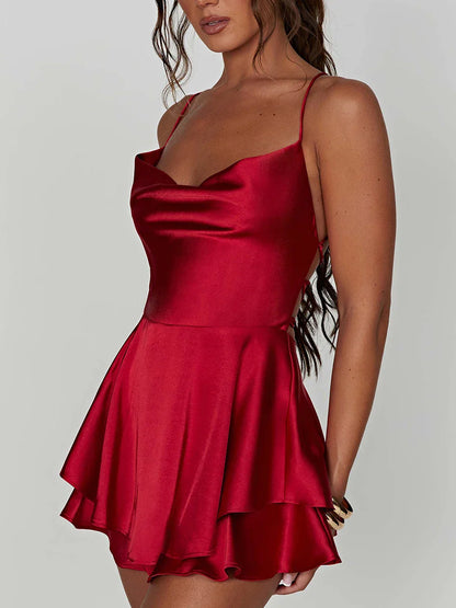 Satin Cowl Neck Backless Cami Romper