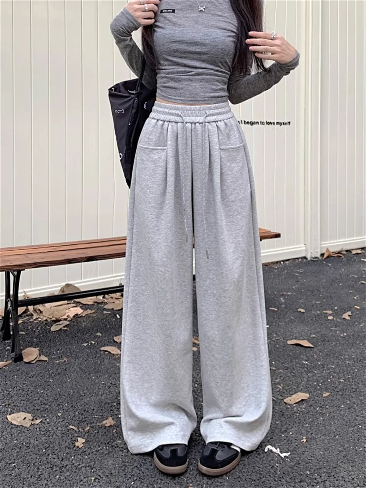 High Waist Straight Wide Leg Pants Loose Fit Pockets Elastic Waist