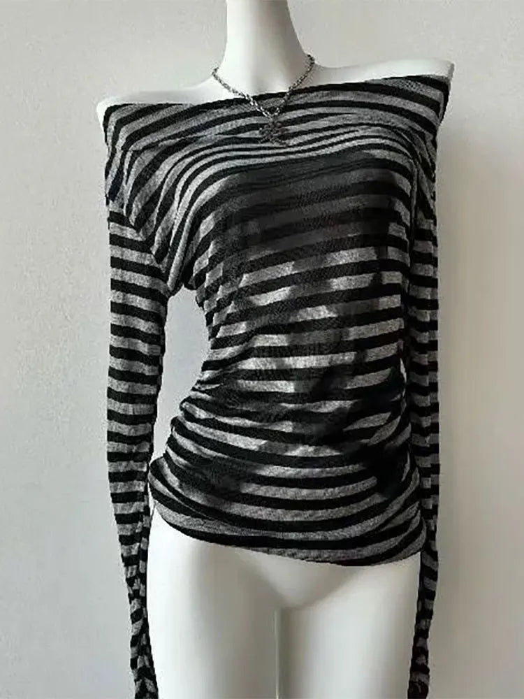 Gothic Skull Stripe Off-Shoulder Long Sleeve Tee