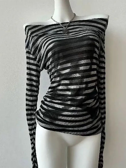 Gothic Skull Stripe Off-Shoulder Long Sleeve Tee