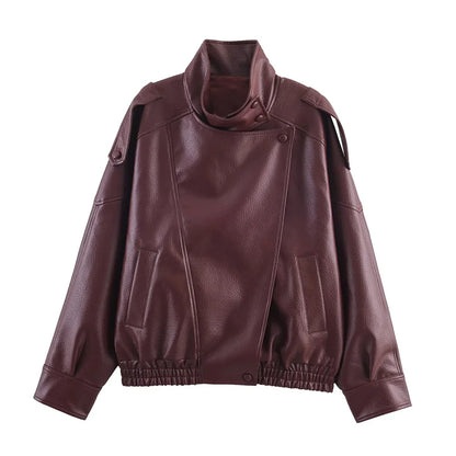 Long Sleeve Pebble Faux Leather Jacket Motorcycle Style Personality Fashion