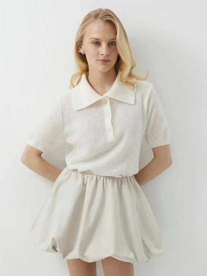 Polo Collar Knit Top Puff Sleeve Hollow-Out Loose Fit