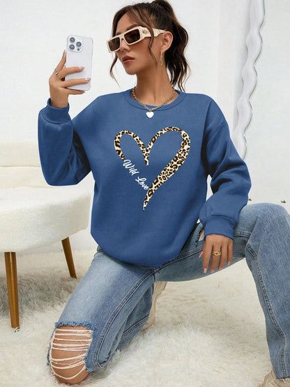 Round Neck Cartoon Print Sweatshirt Long Sleeve Loose Fit with Fur Liner