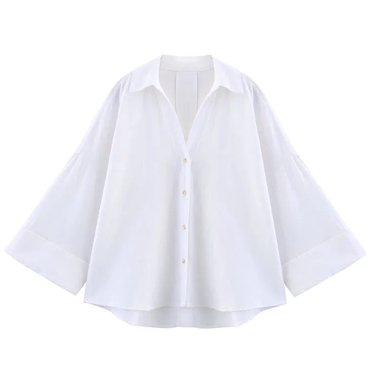 Women's Wide Sleeve Linen Shirt - Asymmetric Hem Button-Up Blouse