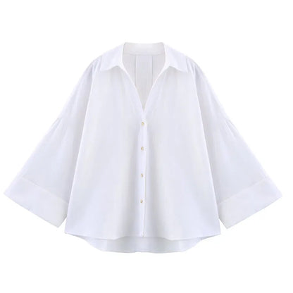 Women's Wide Sleeve Linen Shirt - Asymmetric Hem Button-Up Blouse