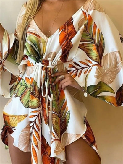 Floral Print V-Neck Batwing Sleeve Loose Mini Dress