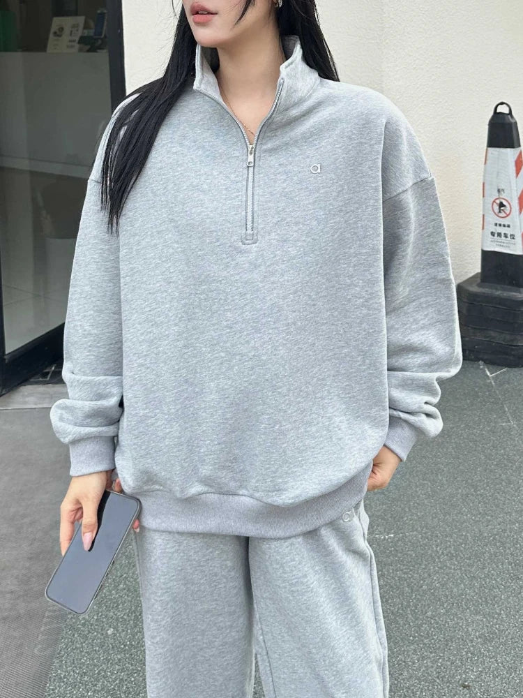 Women Casual Stand Up Collar Pullover Fashion Sports Fitness Hoodies Loose Long-Sleeved Zip Sweatshirt