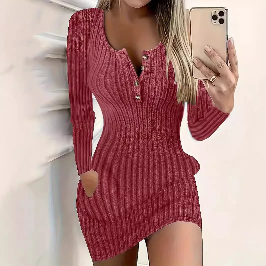 Women's Long-Sleeve Ribbed Knit Bodycon Dress