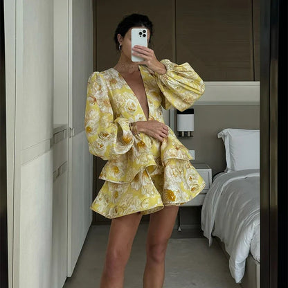 Printed Ruffled Hem Deep V-Neck Dress Long Lantern Sleeve Elegant Vacation Party Dress