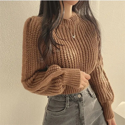 Round Neck Lantern Sleeve Knit Sweater Long Sleeve Loose Fit